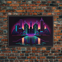 Cargar imagen en el visor de la galería, Retro Style Synthwave Wireframe City, Outrun Style, Framed Canvas Print, 80s Vibes Art
