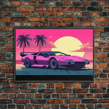 Cargar imagen en el visor de la galería, Classic sport car Wall Art, Framed Canvas Print, Guest room art, Beautiful sunset, Synthwave Style, Pink Colors, Pop Art Style, Tropical art
