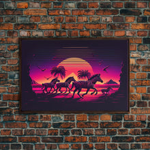 Load image into Gallery viewer, Zebra running through the plains, synthwave art, framed canvas print, framed wall art
