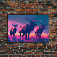 Load image into Gallery viewer, Vaporwave landscape, Elk in the plains at sunset, framed canvas art, canvas print, framed wall art
