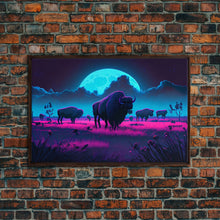 Load image into Gallery viewer, American Buffalo, Retrowave art, herd of Bison and a full moon, framed canvas print
