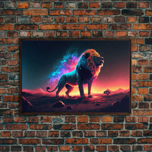 Load image into Gallery viewer, Cosmic roar watercolor, Lion staring at the stars over Africa, framed canvas print, unique vibrant wall art
