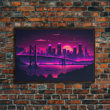 Load image into Gallery viewer, Cyberpunk San Francisco, Futuristic city skyline art, framed canvas print,  Synthwave / vaporwave cityscape decor
