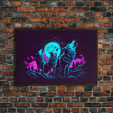 Load image into Gallery viewer, Howl at the moon - turquoise wolf pack howling at the moon, framed canvas print, vaporwave art
