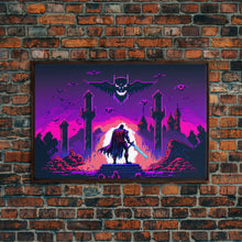 Load image into Gallery viewer, Barbarian vs Vampires, pixel art, DND RPG concept art, vaporwave aesthetic gamer room art, framed canvas print
