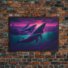 Load image into Gallery viewer, 3 Blue Whales Breaching at Sunset, vaporwave synthwave ocean art, framed canvas print
