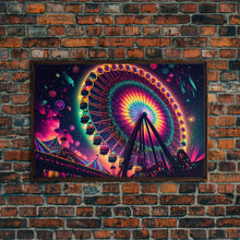 Cargar imagen en el visor de la galería, Colorful boardwalk art, neon lit night time ferris wheel, framed canvas print, framed wall art
