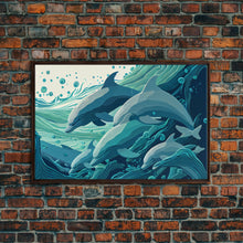 Load image into Gallery viewer, Dolphins in the Ocean, Turquoise dolphin art, framed canvas print, wall art with frame
