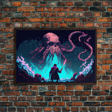 Load image into Gallery viewer, Warrior Vs Cthulhu, RPG concept pixel art, framed canvas print, outrun video game art
