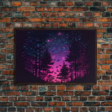 Load image into Gallery viewer, Synthwave Starry Night Time Lapse in a pine tree forest, framed canvas print, timelapse art
