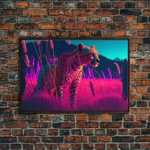 Load image into Gallery viewer, Cheetah on the hunt, vaporwave art, sunset hunter, framed canvas print, framed wall art
