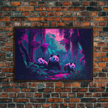 Load image into Gallery viewer, Cute pandas, jungle, framed canvas print, framed wall art, synthwave animal art
