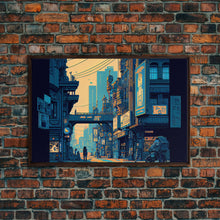 Load image into Gallery viewer, 8 bit pixel art cyber punk city, video game concept art, framed canvas print, game room art
