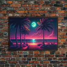 Load image into Gallery viewer, Outrun style full moon lit beach, framed canvas print, synthwave palm tree &amp; beach art

