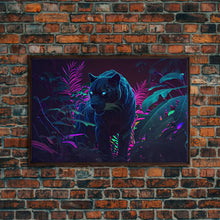Carregar imagem no visualizador da galeria, Black panther on the hunt in the jungle, glowing blue eyes, synth wave aesthetic art, framed canvas print
