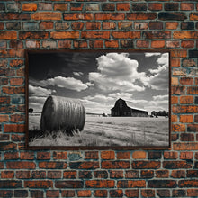 Carregar imagem no visualizador da galeria, Black and White Photo Of a Barn and Hay Bail, Liminal Art, Country Decor, Farmhouse Style Art, Canvas Print
