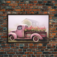 Load image into Gallery viewer, Framed Picture of old truck with beautiful flowers in bed of truck, farmhouse living, old barn, farmhouse distressed, framed canvas print
