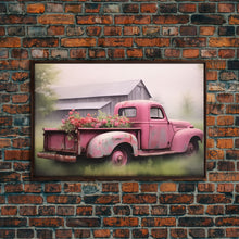 Load image into Gallery viewer, Framed Picture of old truck with beautiful flowers in bed of truck, farmhouse living, old barn, farmhouse distressed, framed canvas print
