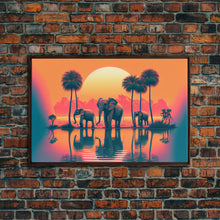 Load image into Gallery viewer, Sun beading down on a family of Elephants, framed canvas print
