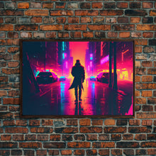 Load image into Gallery viewer, Cyberpunk bounty hunter art, vaporwave synthwave dystopian cityscape, framed canvas print

