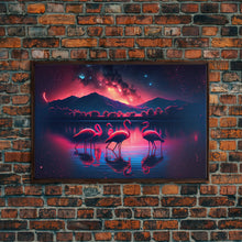 Load image into Gallery viewer, Pink Flamingos against a starry night sky, synthwave vibes, framed canvas print, framed art
