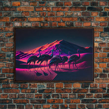 Load image into Gallery viewer, Emus in the desert, animal prints, animal art, framed canvas print, vapor wave synthwave animal art

