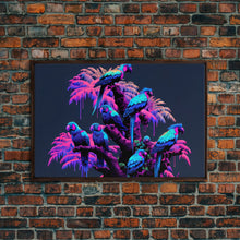 Load image into Gallery viewer, Synthwave Tropical Birds, Parrot Art, Framed canvas print, framed wall decor, vaporwave animal print
