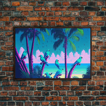 Load image into Gallery viewer, Tropical birds of paradise, synthwave, vaporwave wall art, framed canvas print
