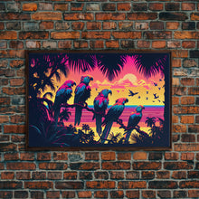 Load image into Gallery viewer, Tropical birds of paradise, synthwave, vaporwave wall art, framed canvas print
