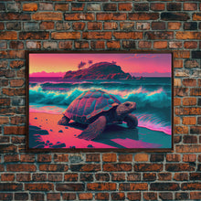 Load image into Gallery viewer, Sea turtle fighting the waves, framed canvas art, synthwave, vaporwave, animal prints
