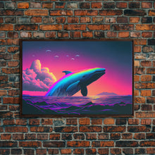 Load image into Gallery viewer, Humpback whale breaching a rainbow, vaporwave art, synthwave animal print, framed canvas print
