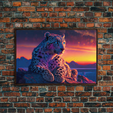 Load image into Gallery viewer, Portrait of a leopard at sunset, vaporwave art, framed canvas print, framed wall art, animal prints
