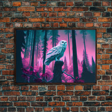Load image into Gallery viewer, White owl in synthwave forest, vaporwave style animal print art, framed canvas print
