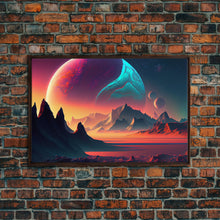 Load image into Gallery viewer, 3 Moon Fantasy World, Retro Style Sci-Fi Art, Framed Canvas Print, Futuristic Art, Fantasy Decor
