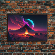Load image into Gallery viewer, Campfire under a Full Moon, Framed canvas print, retro synthwave / outrun style primitive home decor
