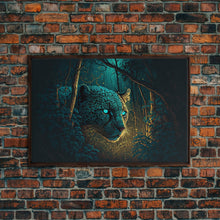 Load image into Gallery viewer, Blue Eyed Black Panther, framed canvas print, unique wall art, wildlife canvas art, living room wall art
