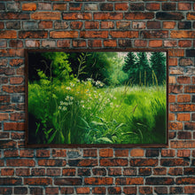 Load image into Gallery viewer, Beautiful field of wildflowers, Emerald green watercolor, framed canvas print, living room wall decor
