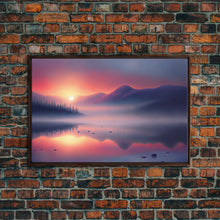 Carregar imagem no visualizador da galeria, Foggy Sunset Over a Pine Forest and Lake, Fall Tones, Wall Decoration, Framed Canvas Print, cool wall art, minimalist boho wall art
