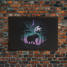 Load image into Gallery viewer, Synthwave Elephant Art | Framed Canvas Print | Framed Wall Art | Animal Prints | Wildlife Art | Elephant Walks Under A Full Moon
