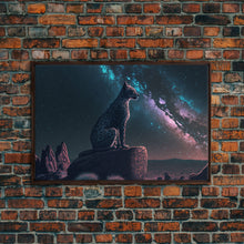 Load image into Gallery viewer, Cheetah overlooking the valley, synthwave retro style animal prints, framed canvas print, framed wall art, starry Africa night sky

