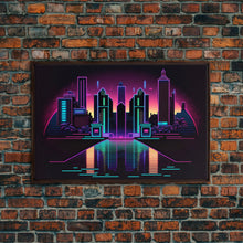Cargar imagen en el visor de la galería, Retro Style Synthwave Wireframe City, Outrun Style, Framed Canvas Print, 80s Vibes Art
