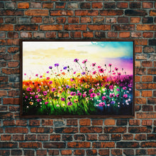 Load image into Gallery viewer, Field Of Rainbow Colored Wild Flowers, Watercolor, Framed Canvas Print, Original Art, Large Format Art, huge living room art
