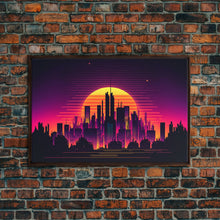 Load image into Gallery viewer, Outrun Style Futuristic Cyberpunk City Skyline at Sunset, Concept art, framed canvas print, dystopian art
