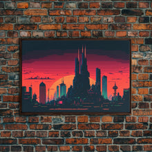 Load image into Gallery viewer, Outrun Style Pixel Art Futuristic Cyberpunk City Skyline at Sunset, Concept art, framed canvas print, dystopian art
