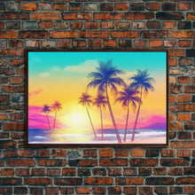 Load image into Gallery viewer, Colorful sunset Wall art, Framed Canvas Print, Synthwave Style, Guest room art, Pop Art Style, Watercolors, Beautiful art, Tropical Art
