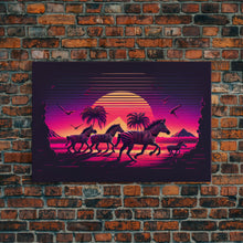 Load image into Gallery viewer, Zebra running through the plains, synthwave art, framed canvas print, framed wall art
