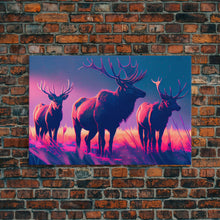 Load image into Gallery viewer, Vaporwave landscape, Elk in the plains at sunset, framed canvas art, canvas print, framed wall art
