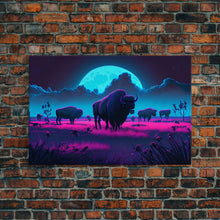 Load image into Gallery viewer, American Buffalo, Retrowave art, herd of Bison and a full moon, framed canvas print
