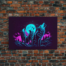 Load image into Gallery viewer, Howl at the moon - turquoise wolf pack howling at the moon, framed canvas print, vaporwave art
