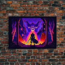 Load image into Gallery viewer, 8 bit Pixel art, RPG video game concept art, Paladin faces the Dragon, synthwave style, framed canvas print
